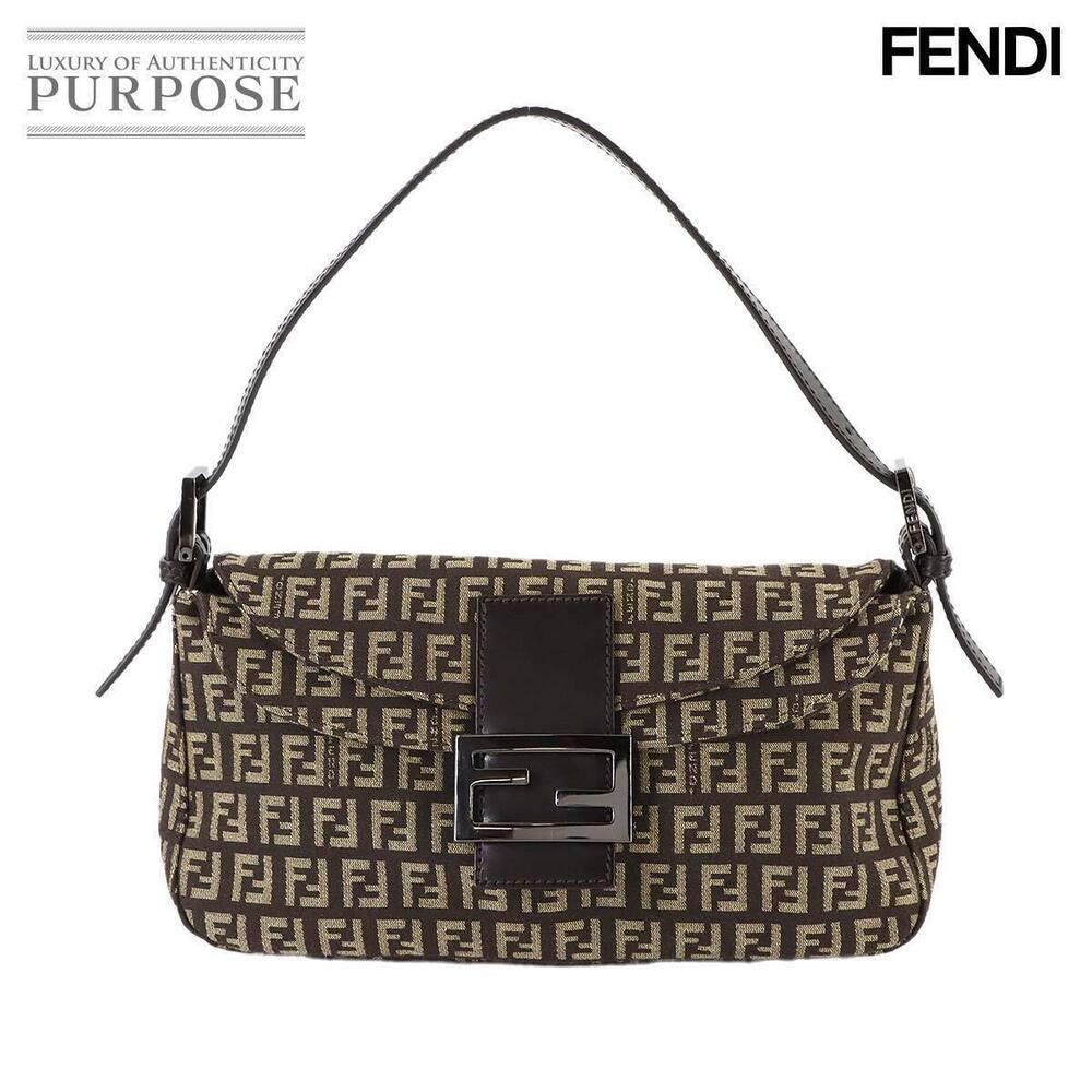Fendi Zucchino Mamma Bucket Shoulder Bag Canvas Brown Beige Gunmetal Gray